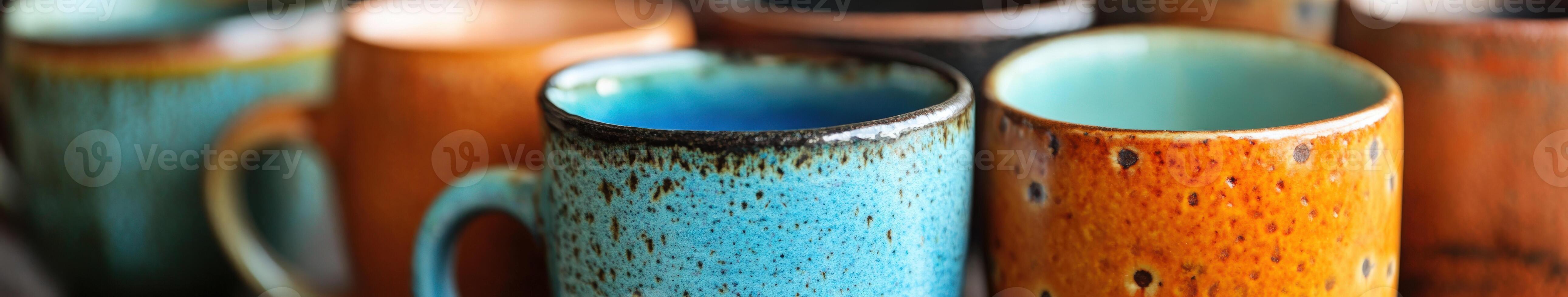Colorful ceramic mugs displayed in a cozy cafe setting on a sunny day photo