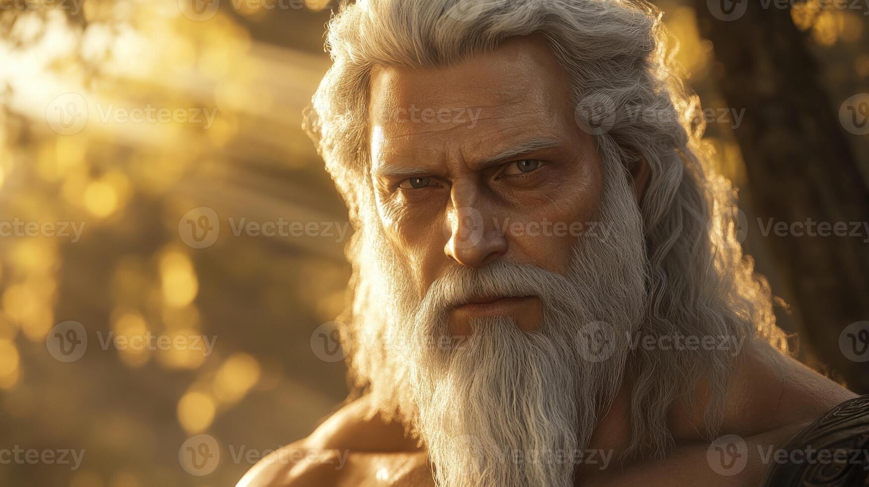 Powerful depiction of a mythical figure in a golden forest setting photo