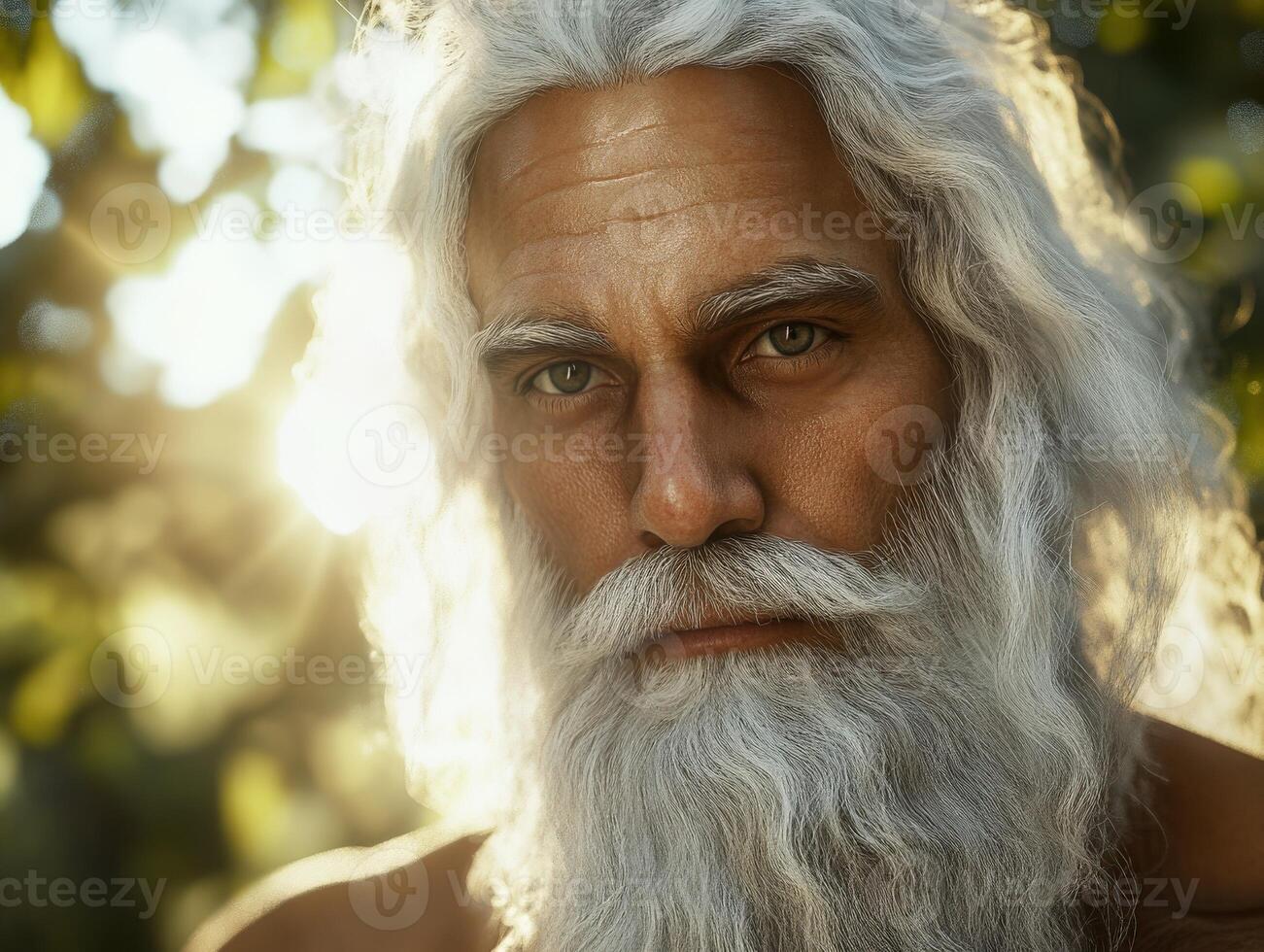Elderly man with long white beard in natural setting during sunset photo