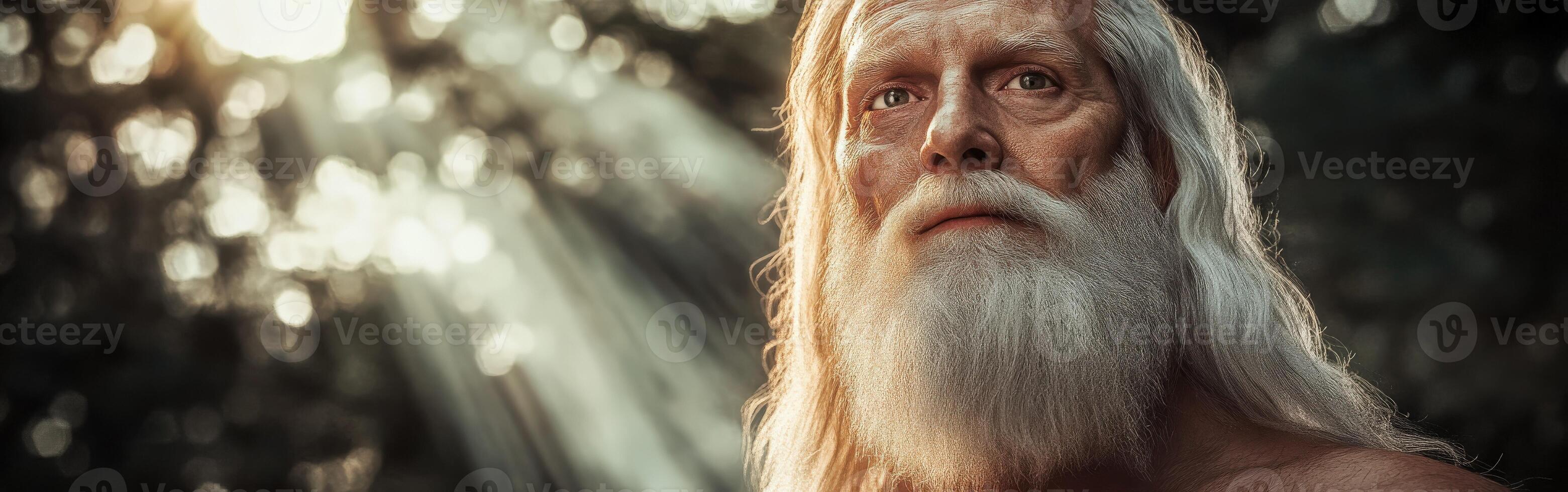 Wise man with long white beard gazing thoughtfully in a serene forest photo
