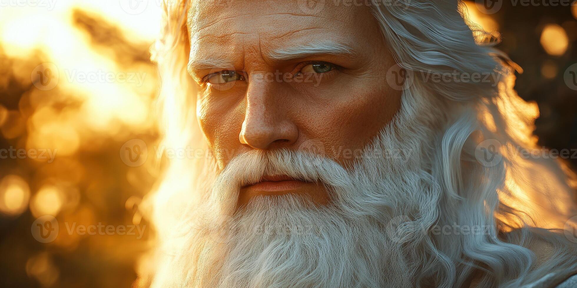 Ancient figure with long white beard and striking gaze in natural light photo