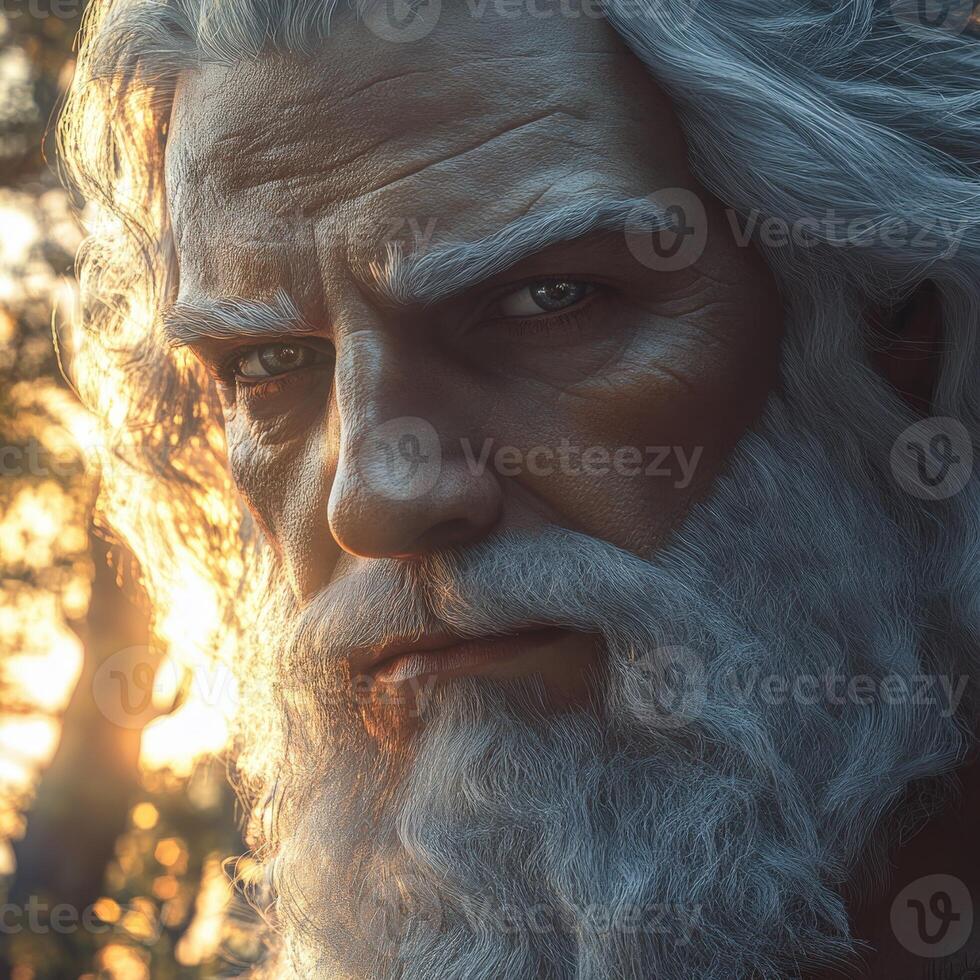 Majestic figure with flowing white hair and beard in a serene forest setting photo