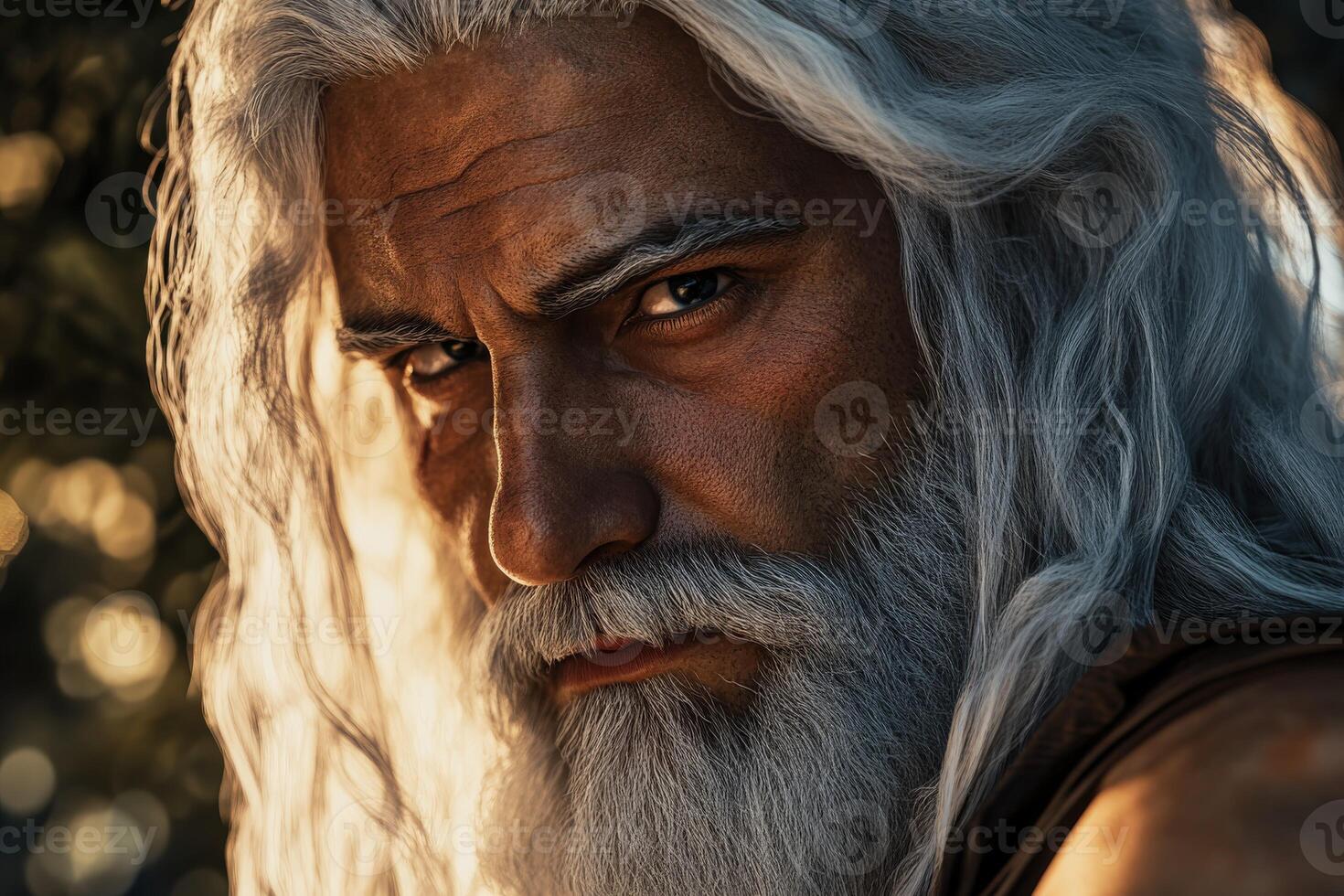 Powerful portrait of an ancient deity in a mystical landscape during sunset photo