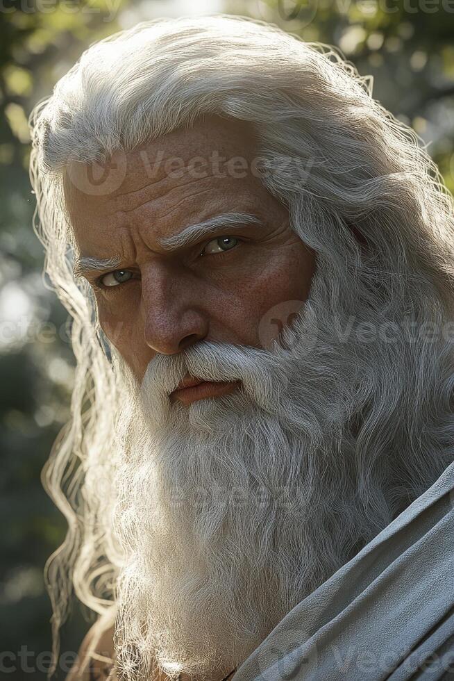 Wisdom embodied in the face of an elder god in a serene forest setting photo