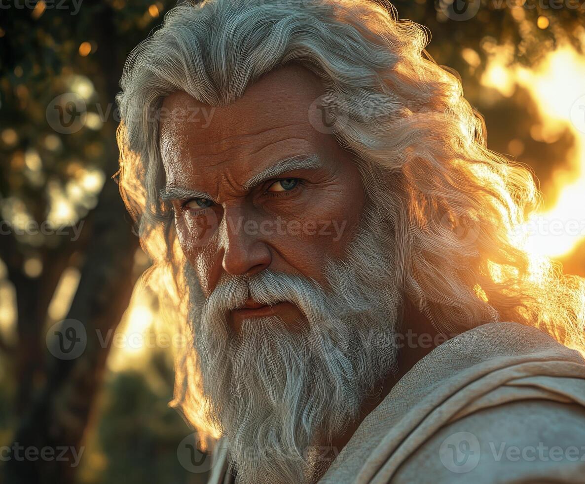 Powerful figure gazing fiercely during a sunset in a serene setting photo
