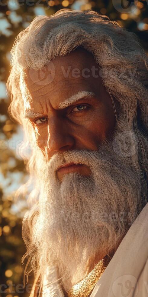 Majestic elder with flowing white beard and intense gaze in nature setting photo
