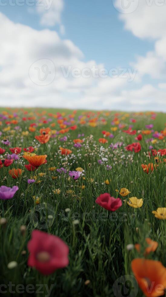 Vibrant wildflower field under a bright sky on a sunny day photo