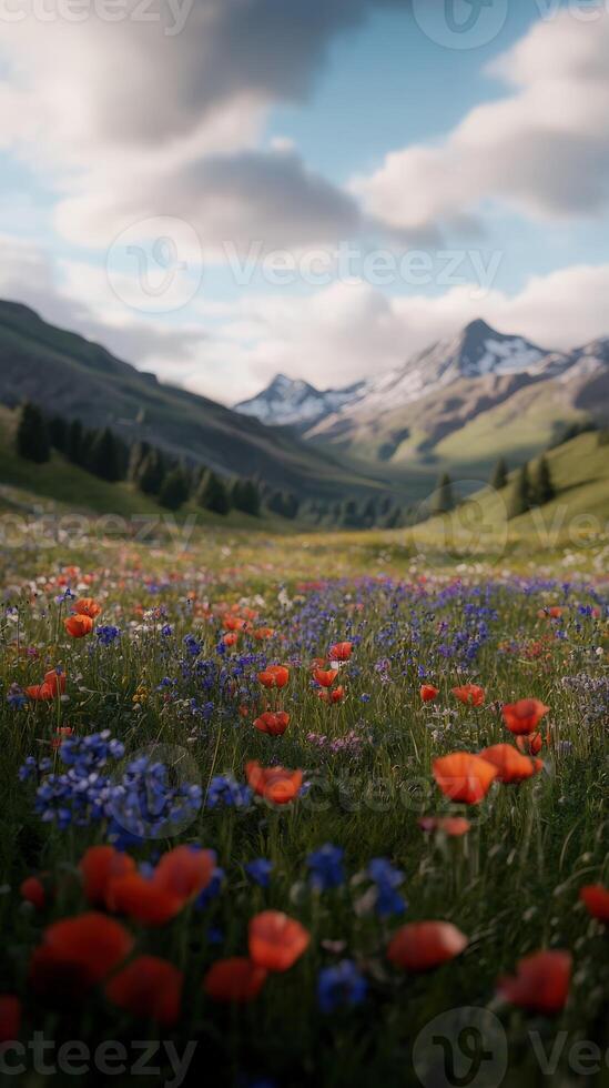 Vibrant wildflower field in a serene mountain landscape under a bright sky photo