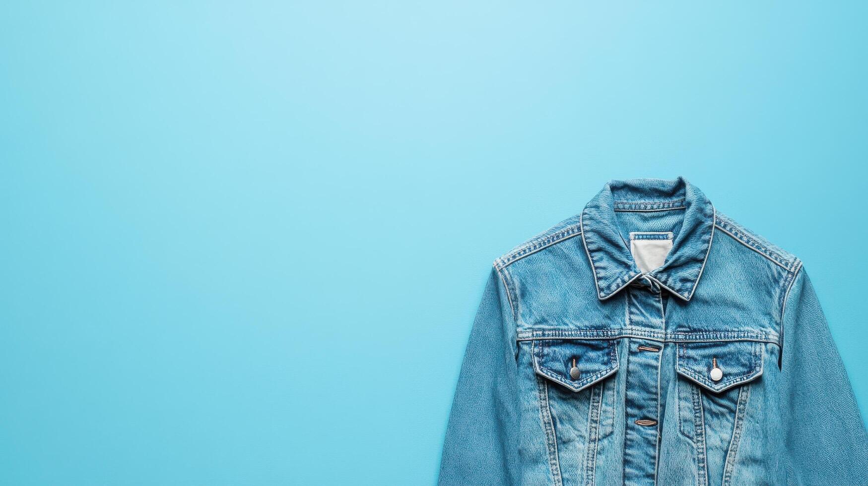 Casual denim jacket displayed against a light blue background showcasing modern fashion trends photo