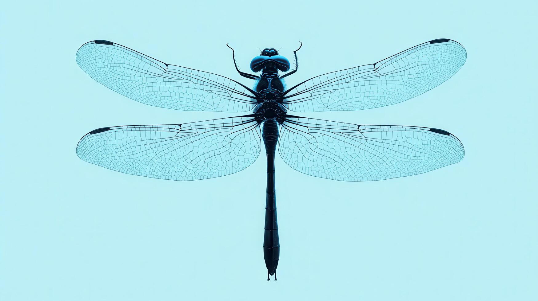 Detailed close-up of a dragonfly showcasing its intricate wings against a soft blue background photo