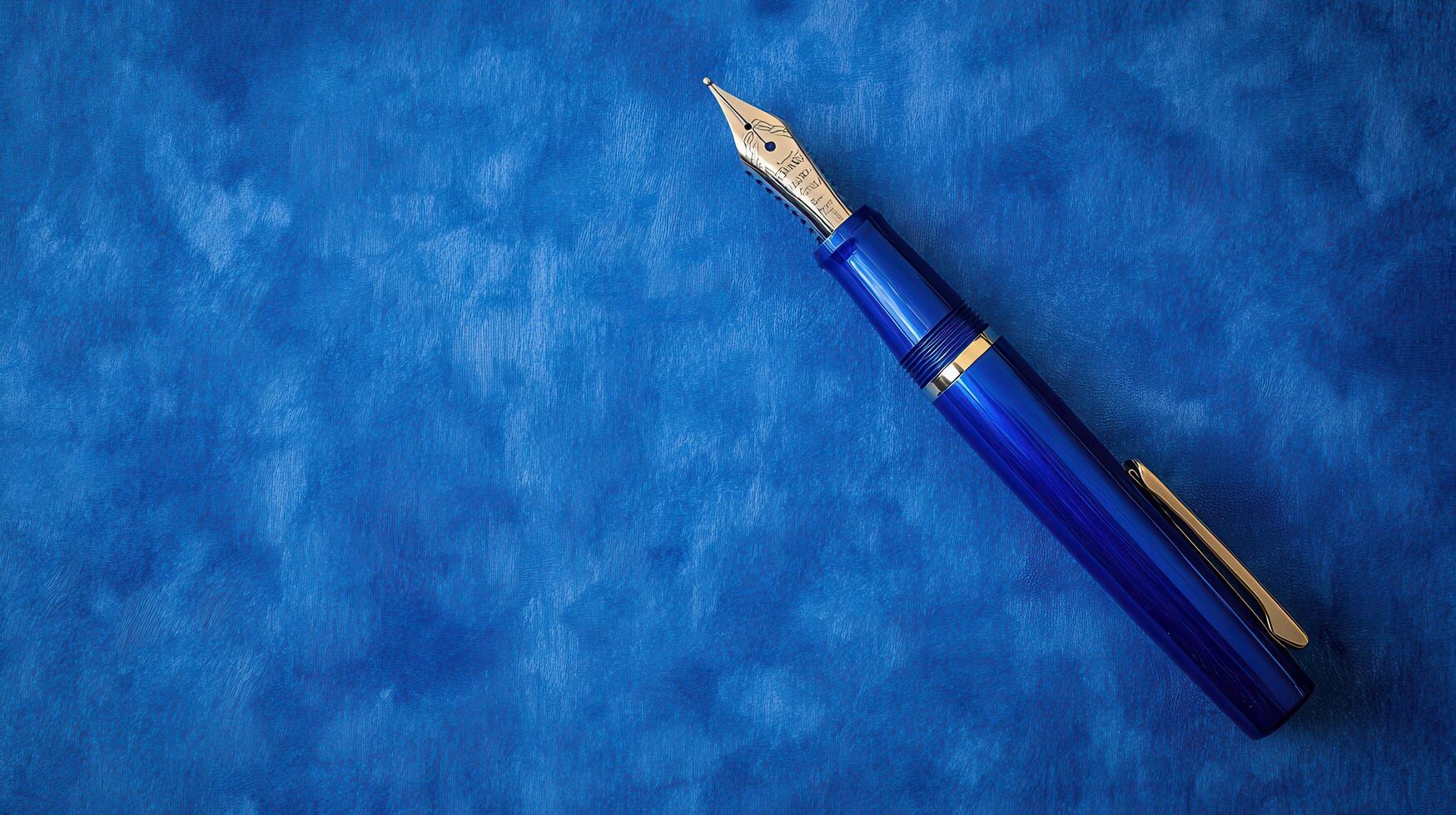 Elegant blue fountain pen rests on a textured blue background, inviting thoughts and creative expression in a peaceful setting photo