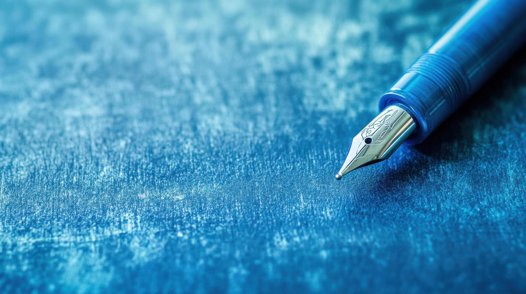Elegant fountain pen resting on a textured blue surface, showcasing its intricate nib and craftsmanship in soft lighting photo