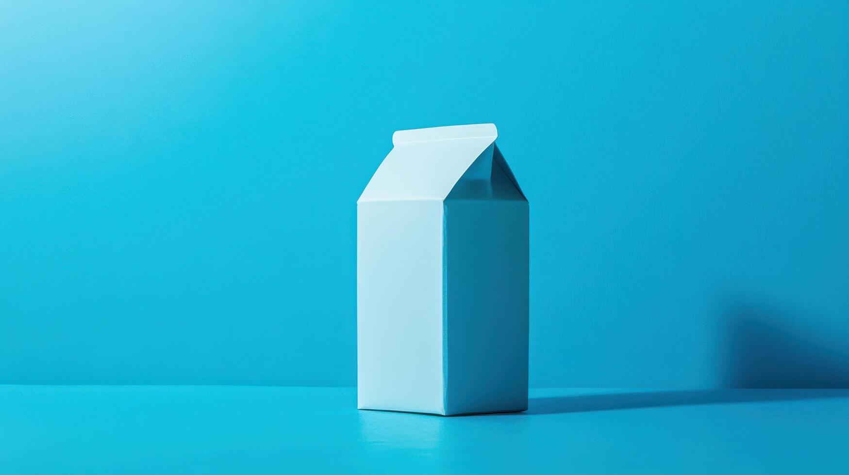 Milk carton sits on a solid turquoise background creating a vibrant and modern aesthetic while showcasing minimalist design elements photo