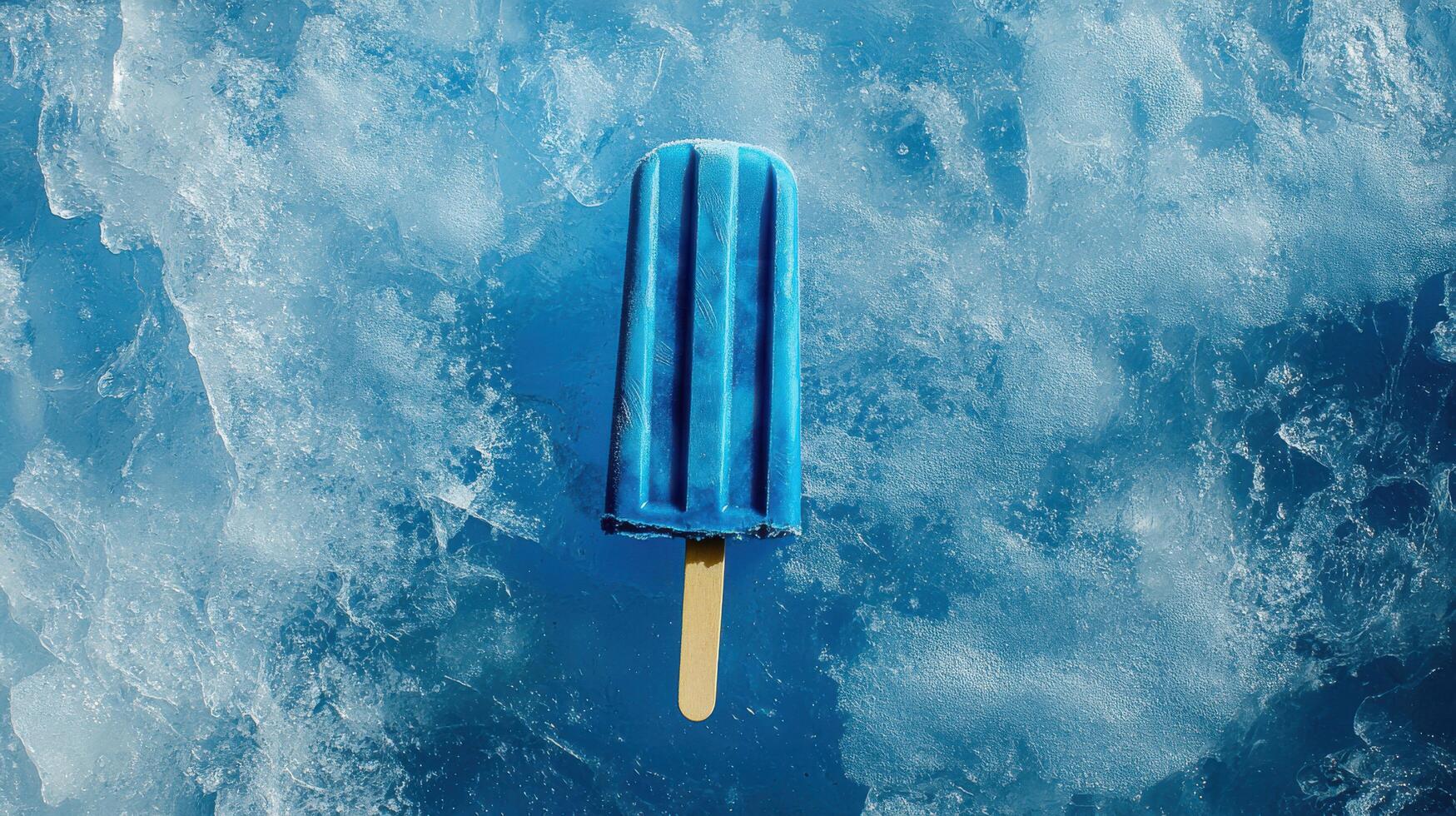 Blue popsicle resting on cool ice with a vibrant background during a sunny day photo
