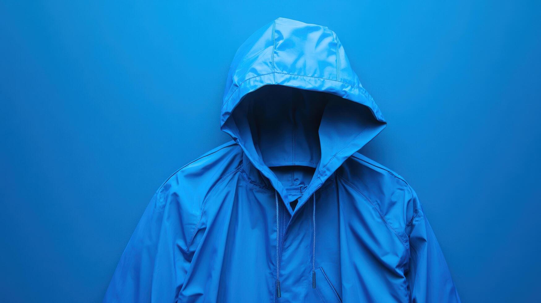 Bright blue rain jacket displayed against a solid blue background creates a striking visual effect in a minimalist setting photo