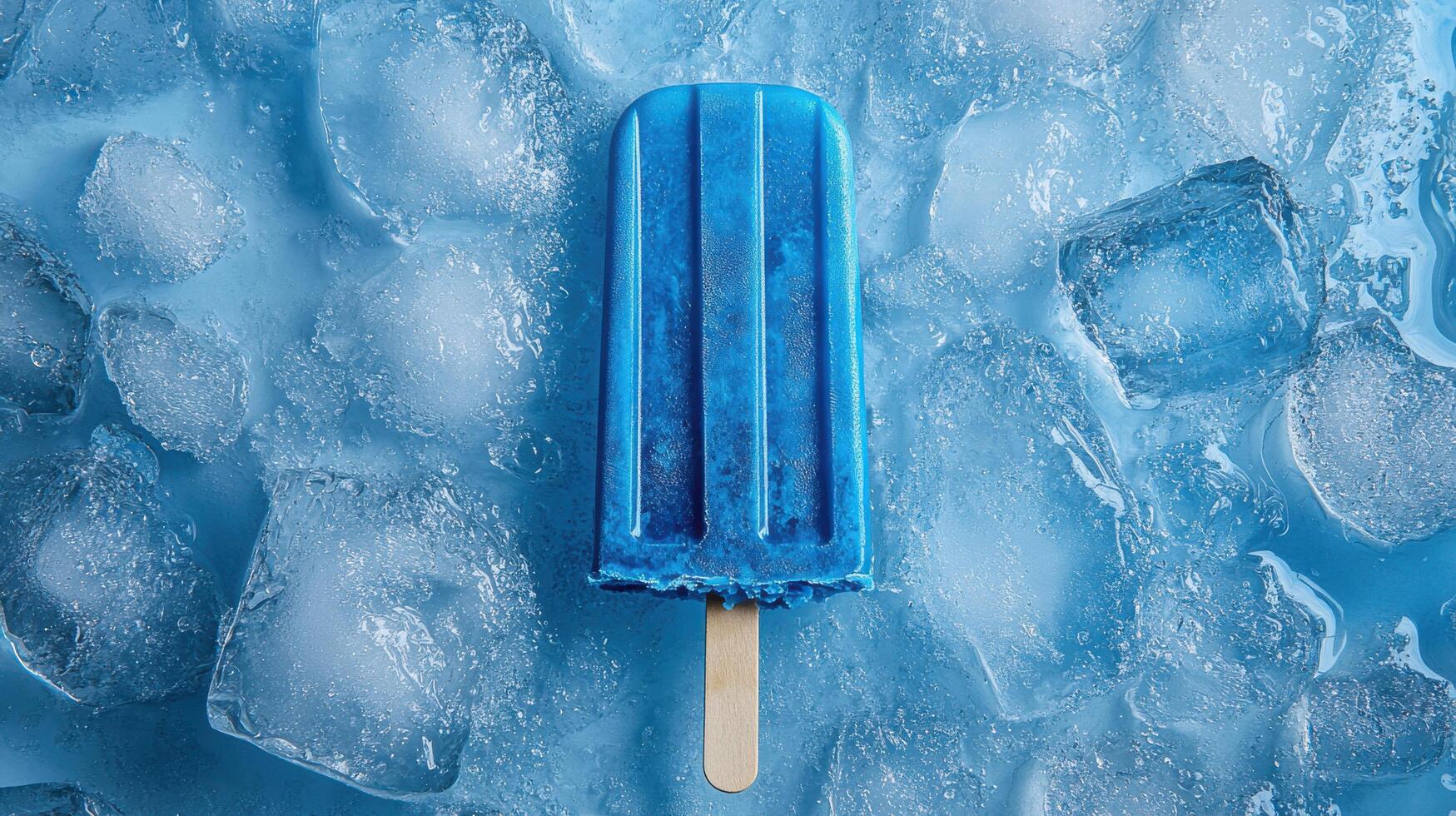 Bright blue popsicle resting on ice surrounded by refreshing coolness and summer vibes photo