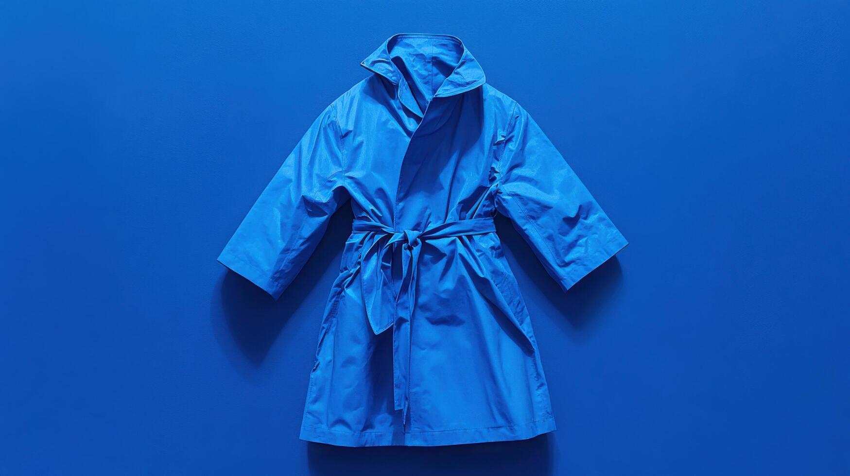 Bright blue raincoat displayed against a vibrant blue background highlighting its design and color contrasts photo