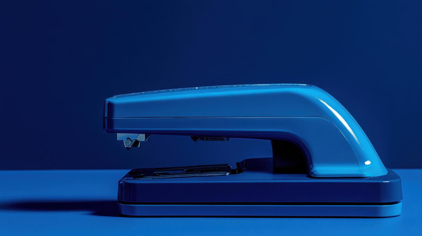 Stapler with a sleek design resting on a blue surface in a well-lit workspace setting during the day photo