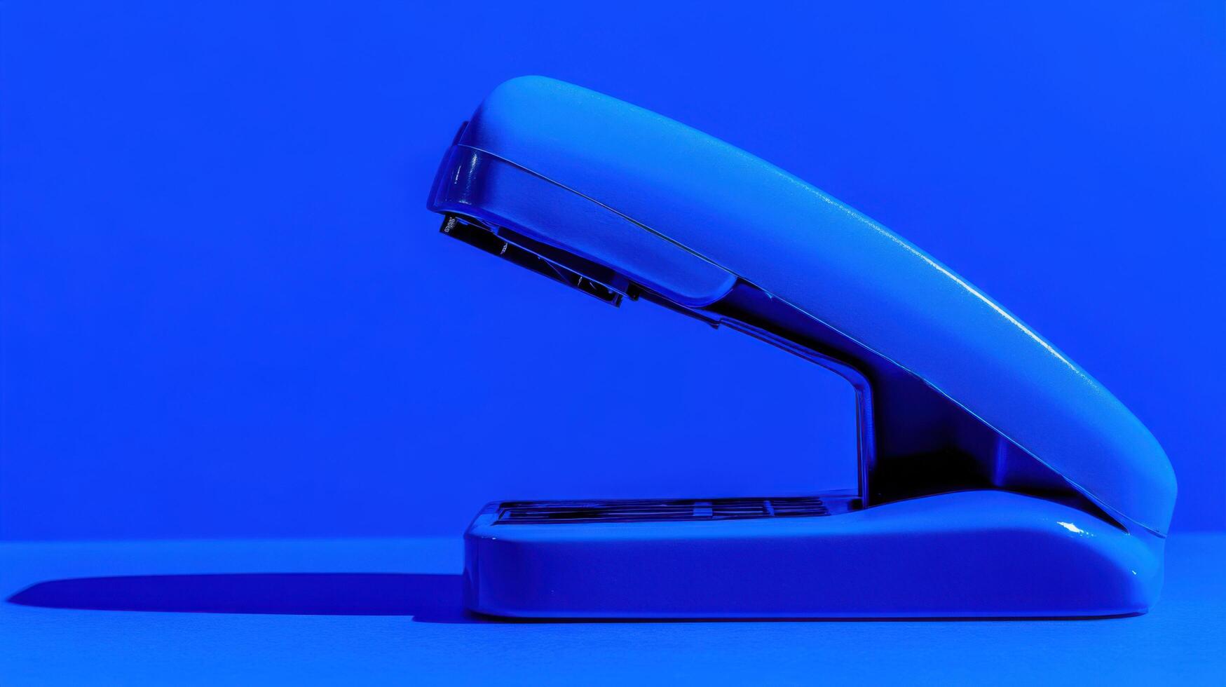 Bright blue stapler on a vivid blue background captured in a minimalistic style highlighting its design and color photo