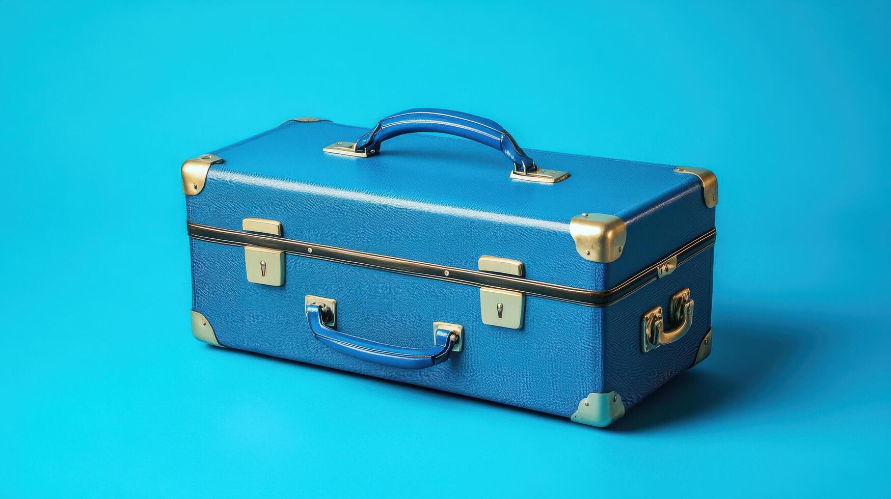 Vintage blue suitcase with metal accents placed on vibrant blue background photo