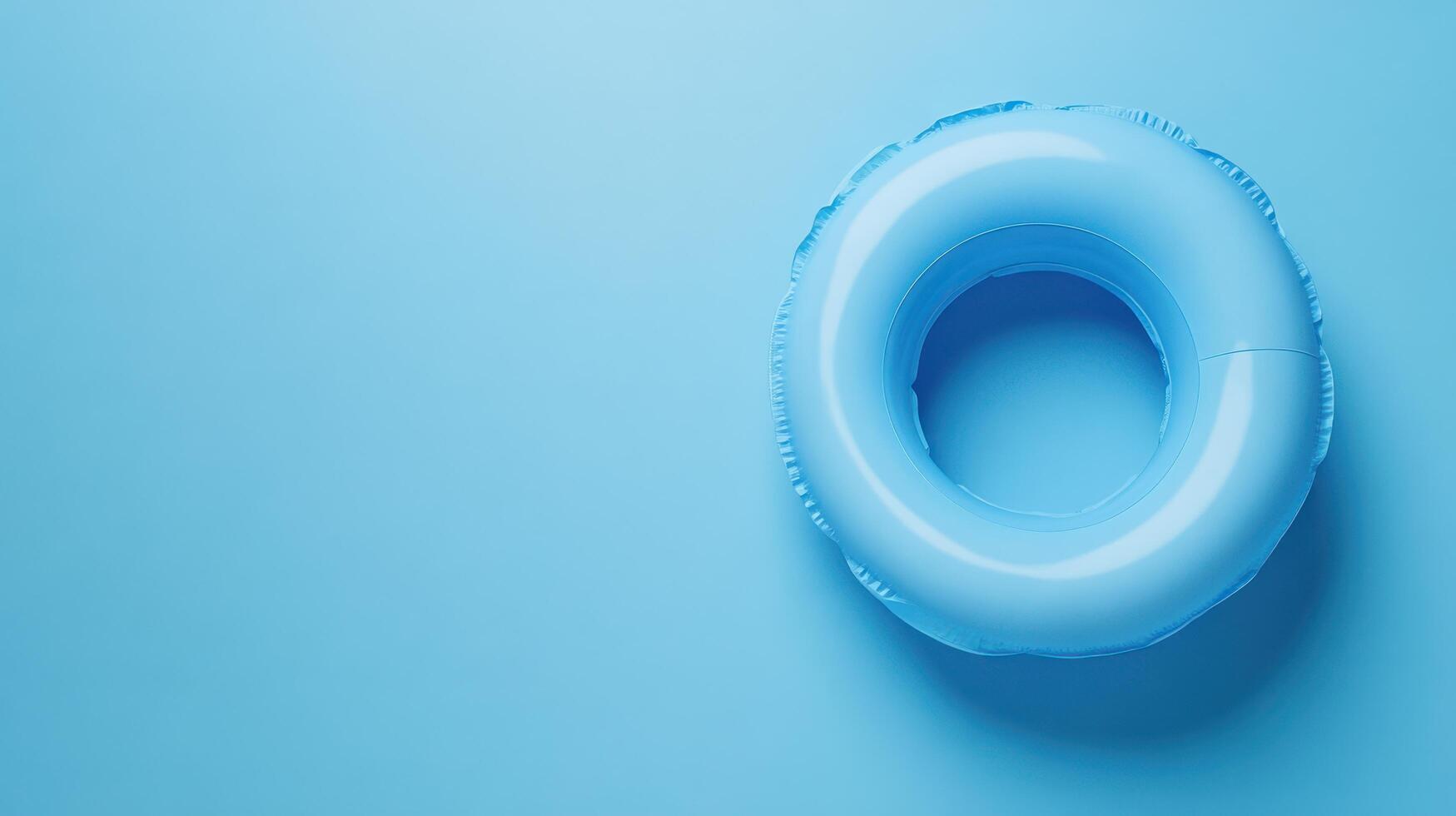 Bright blue inflatable pool ring resting on a solid blue background in a serene and calm setting photo