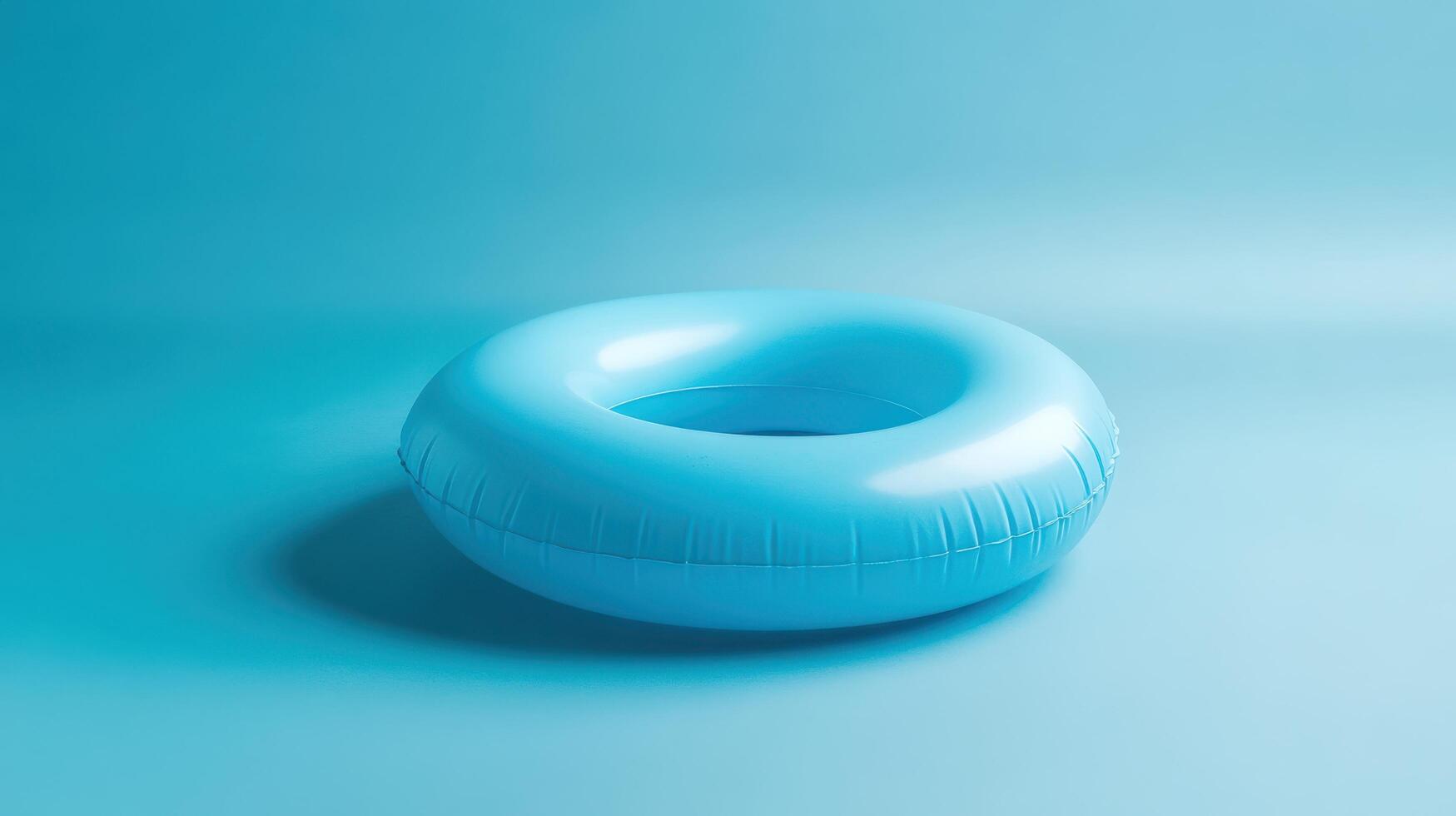 Bright blue inflatable pool float resting on a soft blue background, creating a serene atmosphere perfect for summer relaxation and enjoyment photo