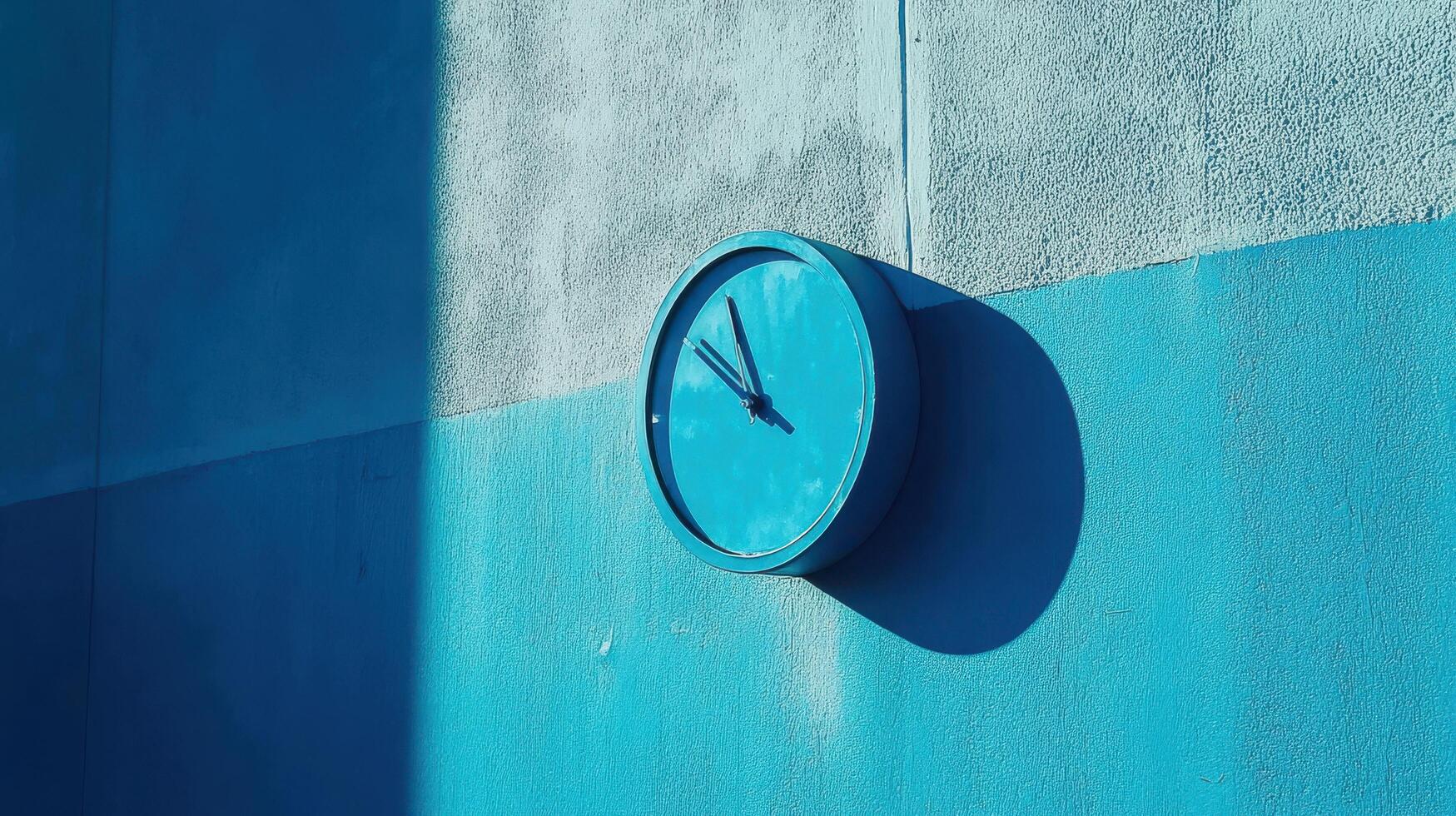 Clock mounted on a blue wall casting a shadow during daylight in an urban setting photo