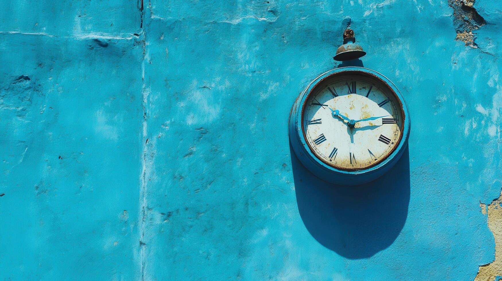 Vintage clock against a vibrant blue wall showcasing rustic charm and timeless beauty in afternoon sunlight photo