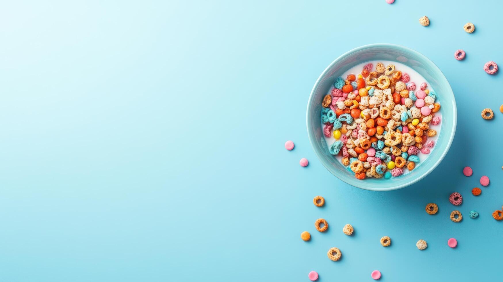 Colorful breakfast bowl with cereal and milk on a pastel blue background photo