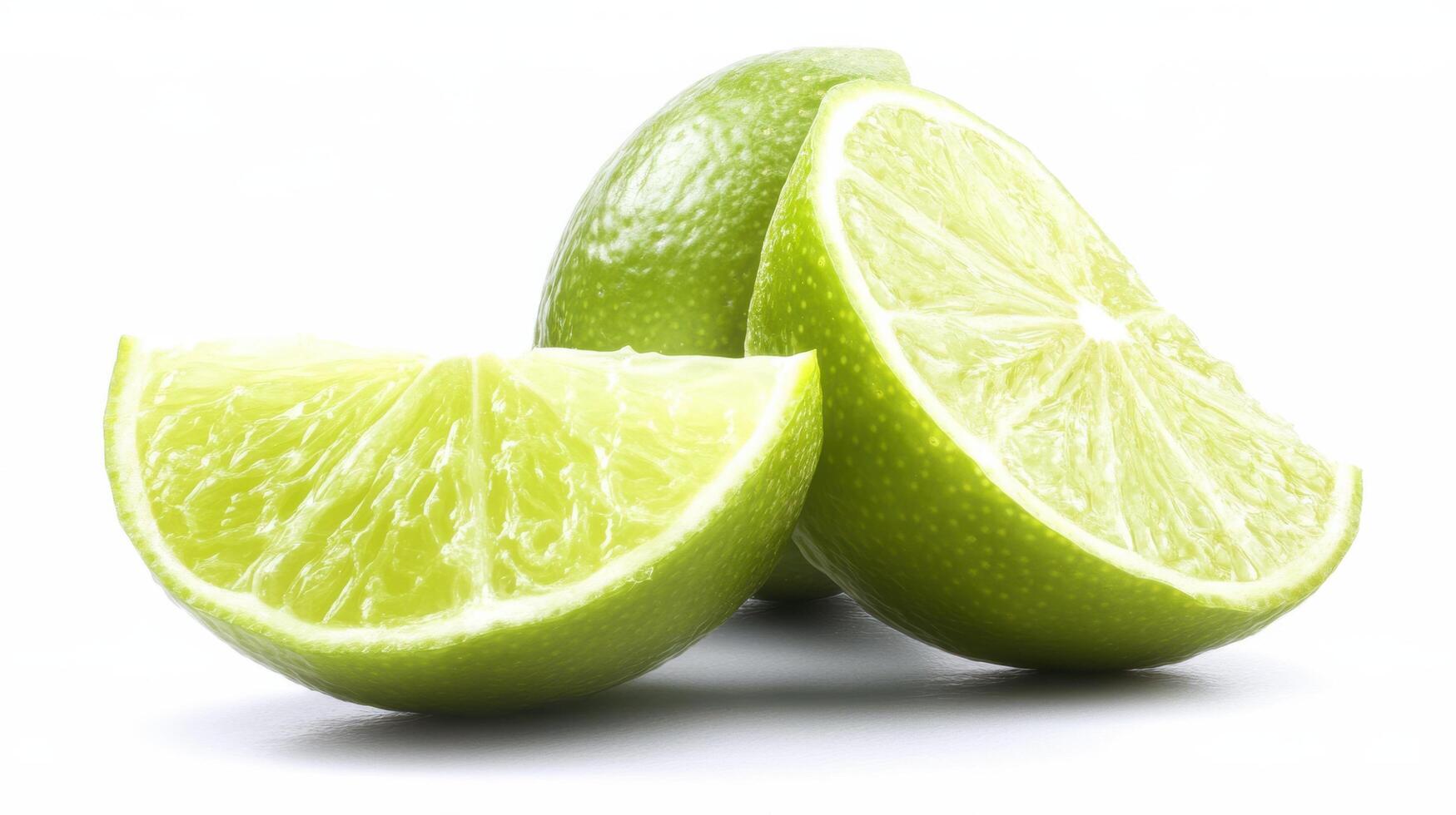 Freshly cut lime segments arranged on a white background with whole limes in the background providing a vibrant contrast photo