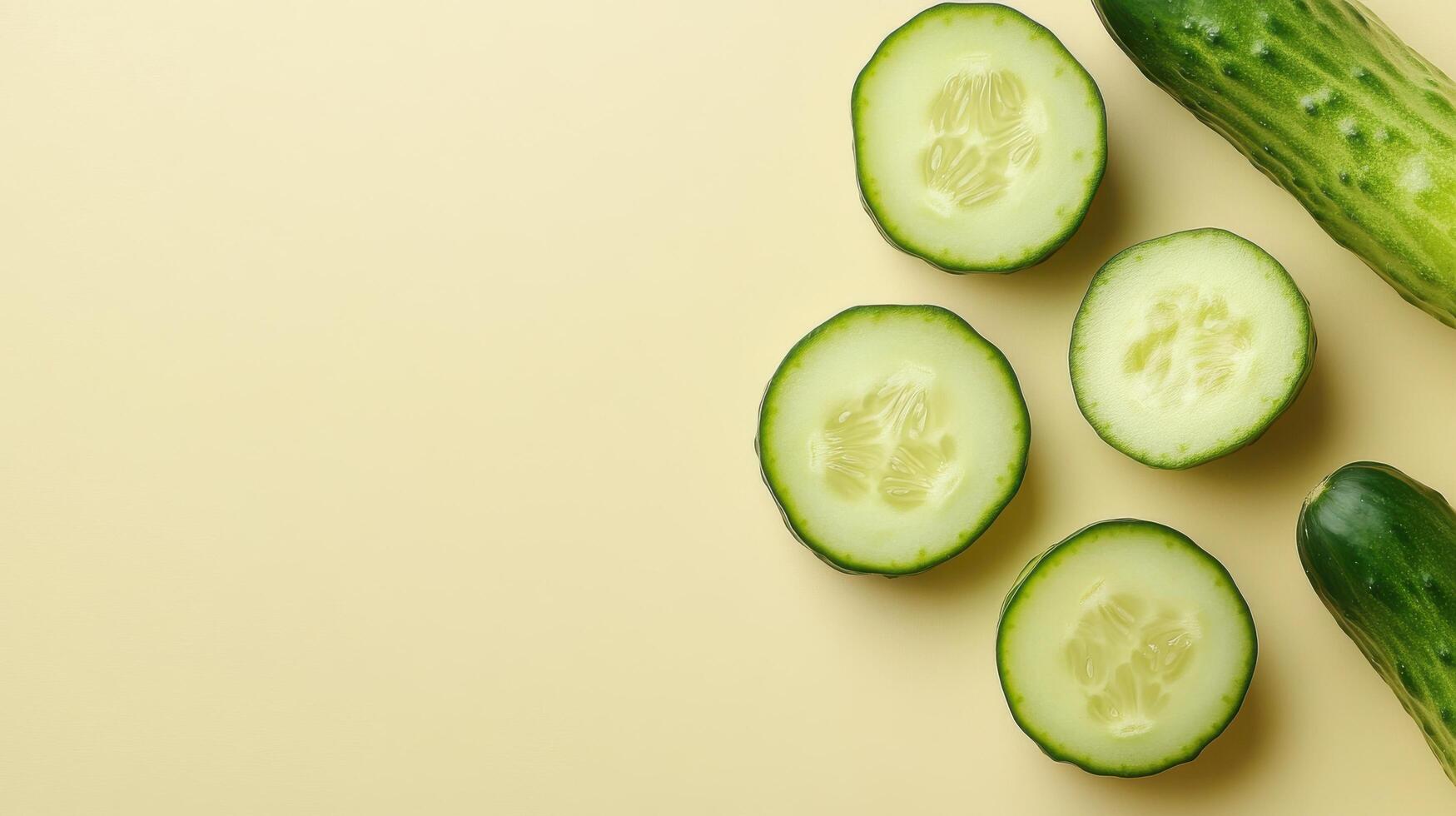 Fresh cucumbers sliced and arranged on a light yellow background highlighting their crisp texture and color photo