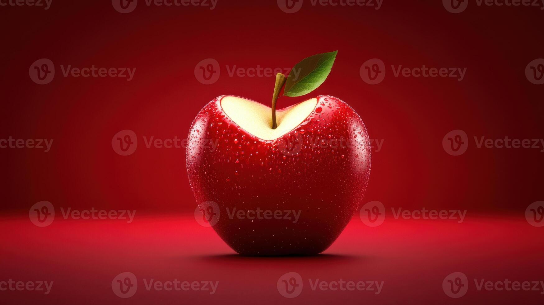 Red apple with a bite taken out sits on a smooth surface under soft lighting with a bold red background photo