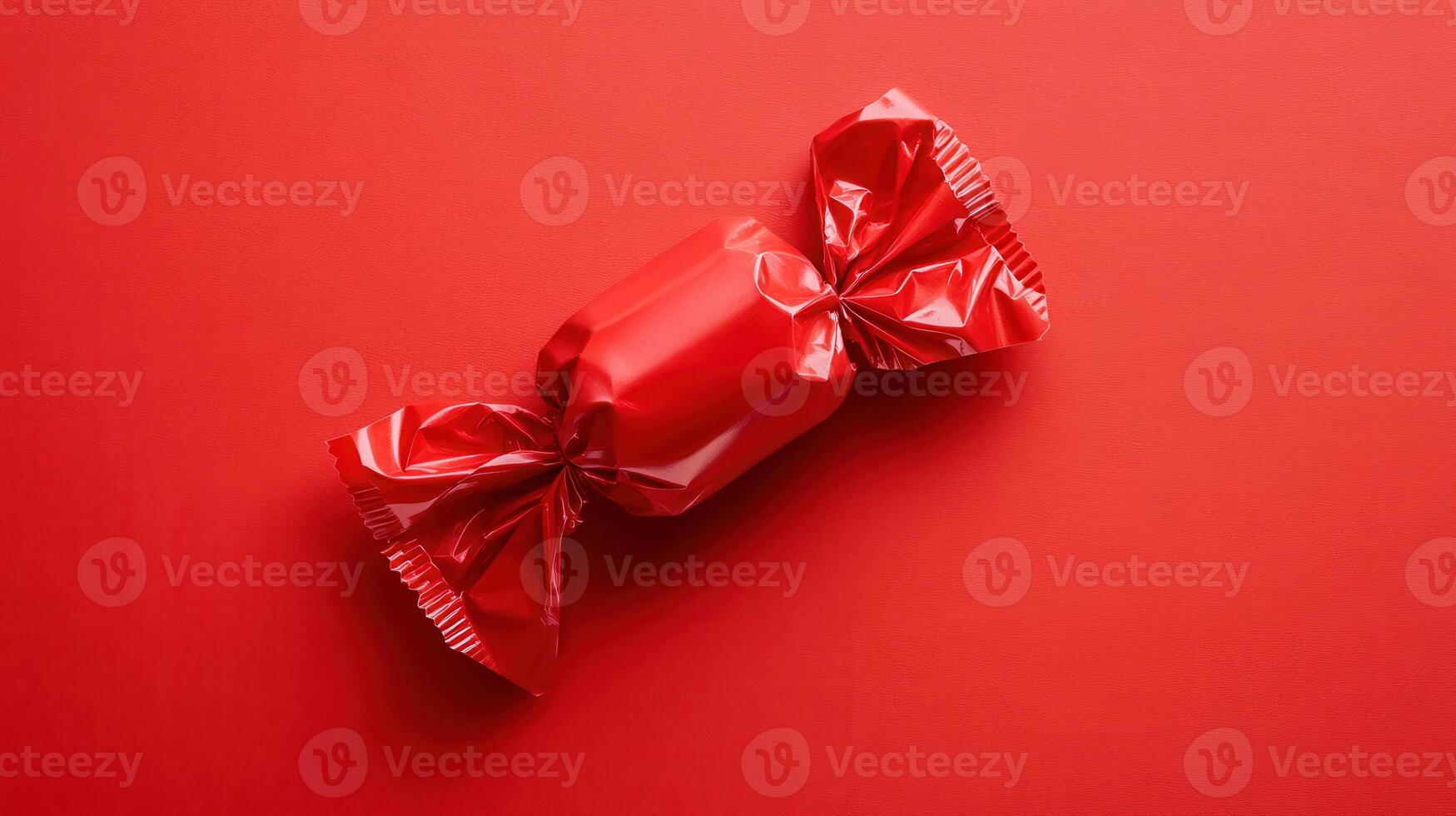 Bright red candy wrapped in shiny foil resting on a vibrant red background photo