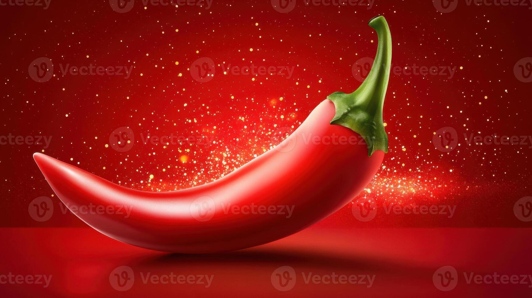 Vibrant red chili pepper shines against a bold red background with scattered sparkles photo