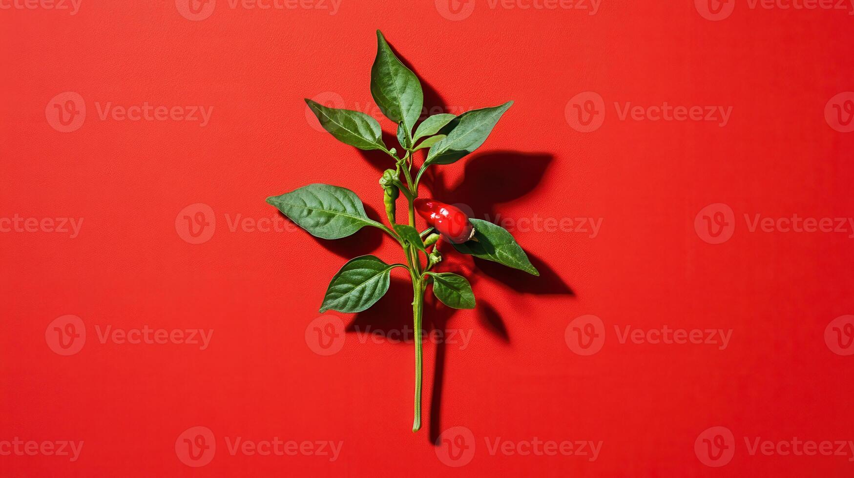 Fresh red chili pepper with green leaves on vibrant red background highlighting natural beauty in simple presentation photo