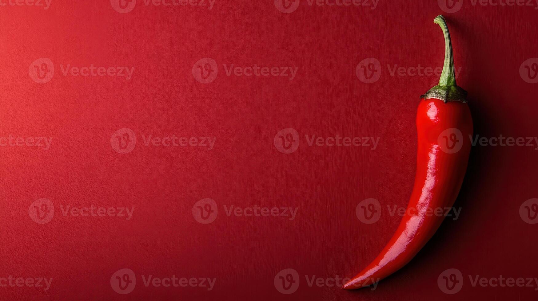 Bright red chili pepper rests against a rich red backdrop, showcasing its vibrant color and smooth texture in a minimalist style photo