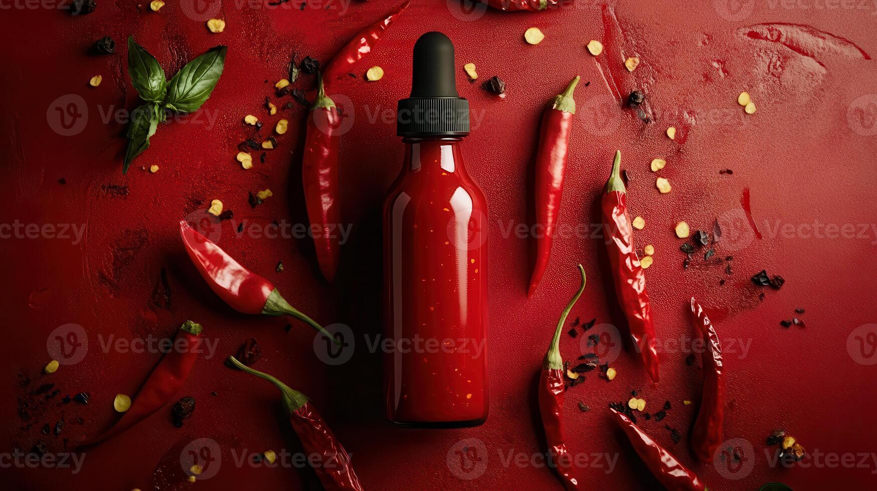 Chili sauce bottle surrounded by fresh red peppers and spices on a vibrant red background photo