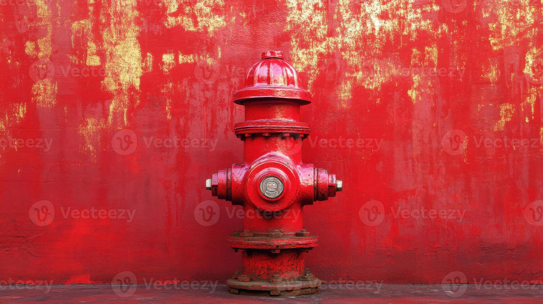 Bright red fire hydrant against a vividly colored wall highlighting urban infrastructure and design elements photo