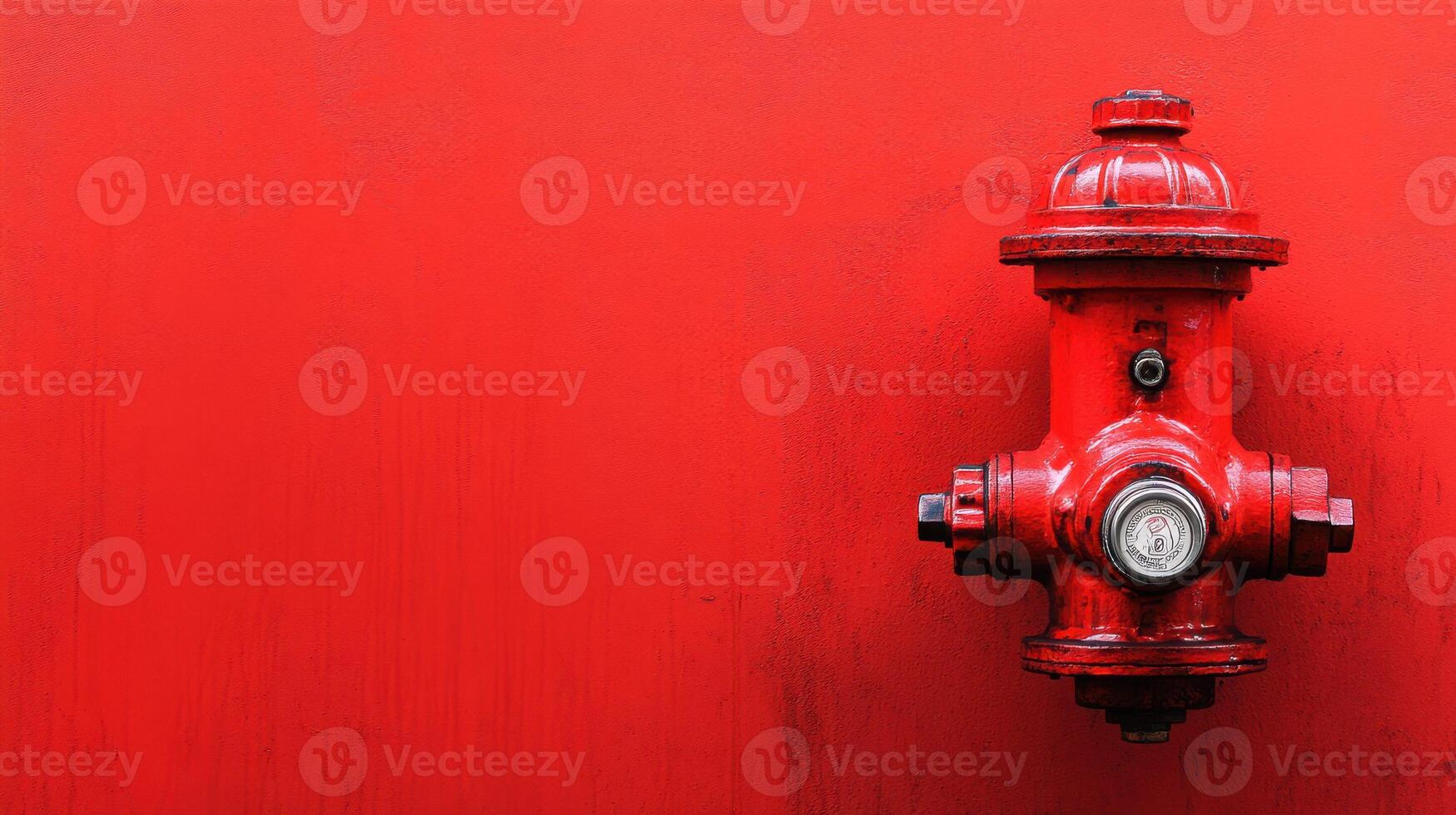 Bright red fire hydrant positioned against a vivid red wall in an urban setting during daylight hours photo