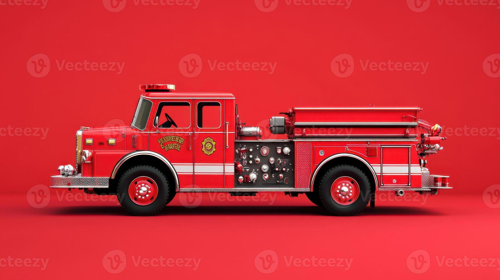 Bright red fire truck displayed on a solid background showcasing its detailed features and design photo