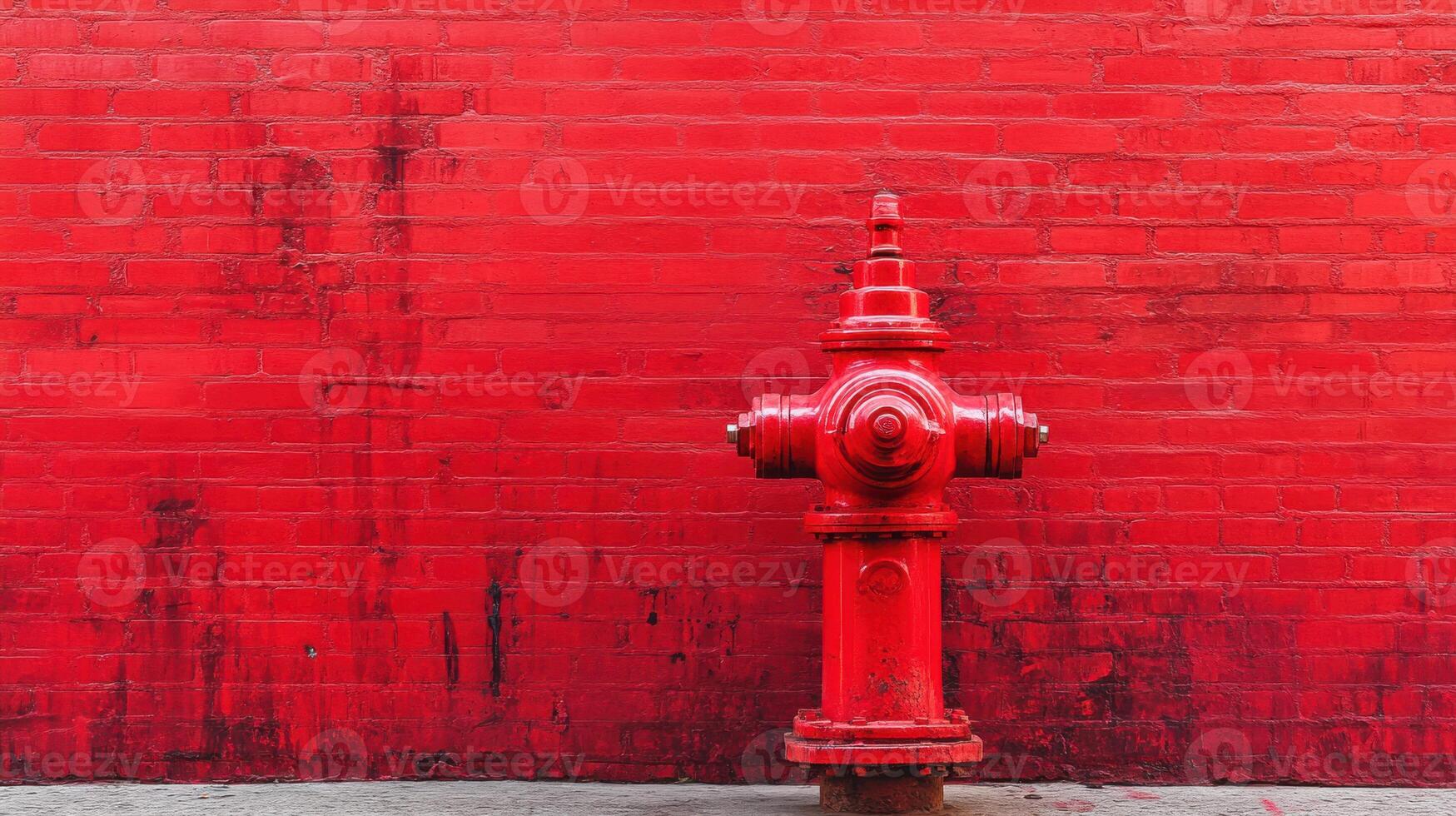 Bright red fire hydrant stands against vivid red brick wall adding a pop of color to the urban landscape photo