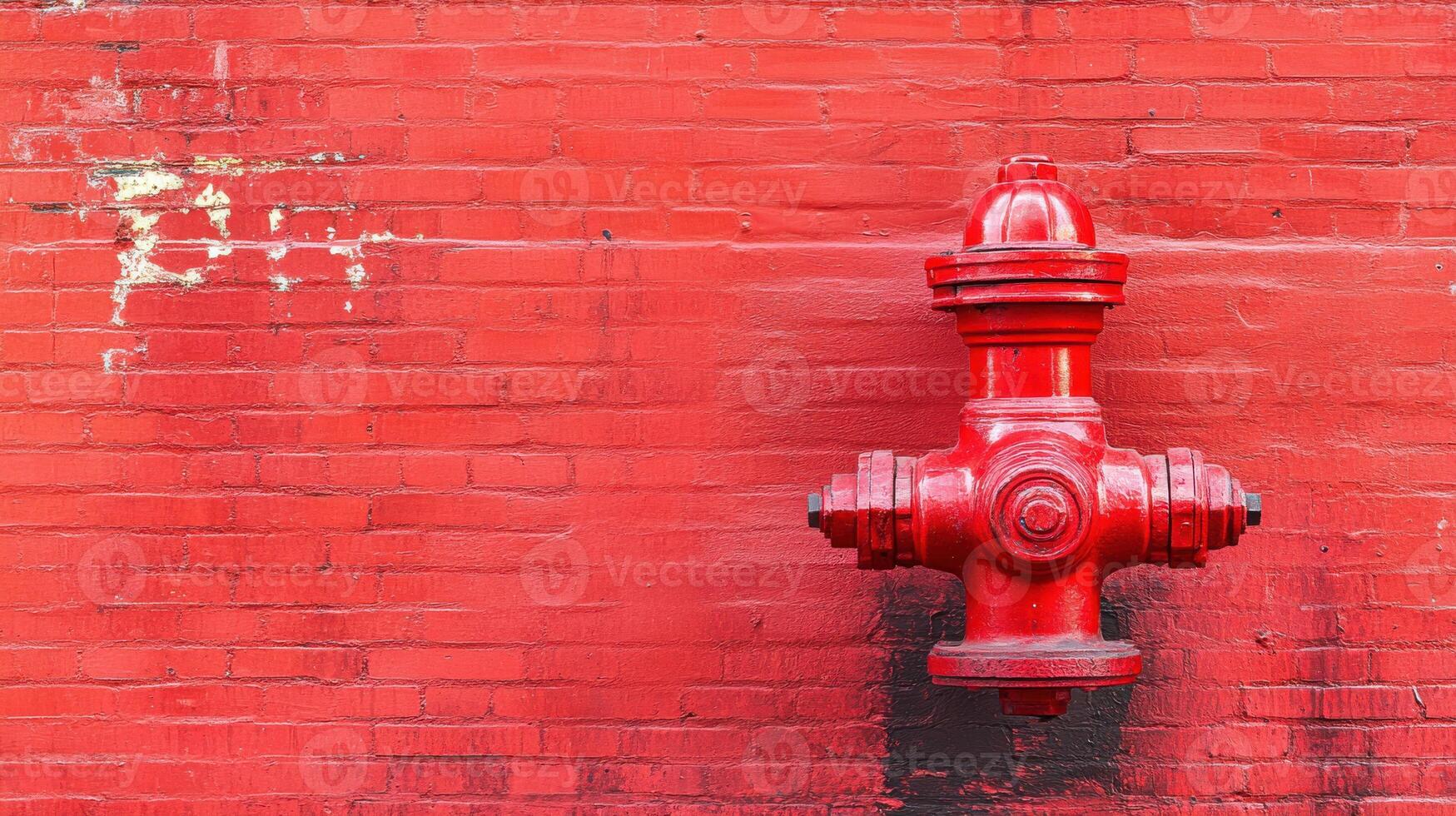Bright red fire hydrant affixed to brick wall in urban setting with vibrant color contrast photo