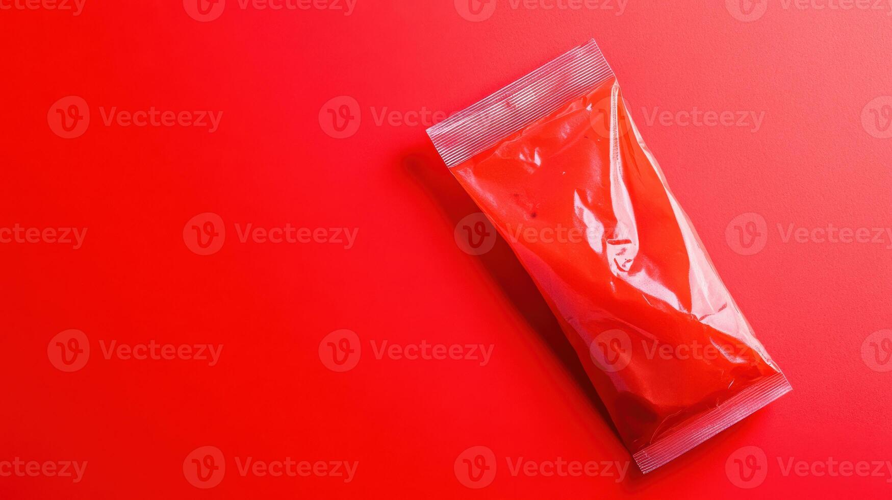 Bright red condiment packet placed on a vibrant red background for a striking visual effect and contrast in color photo