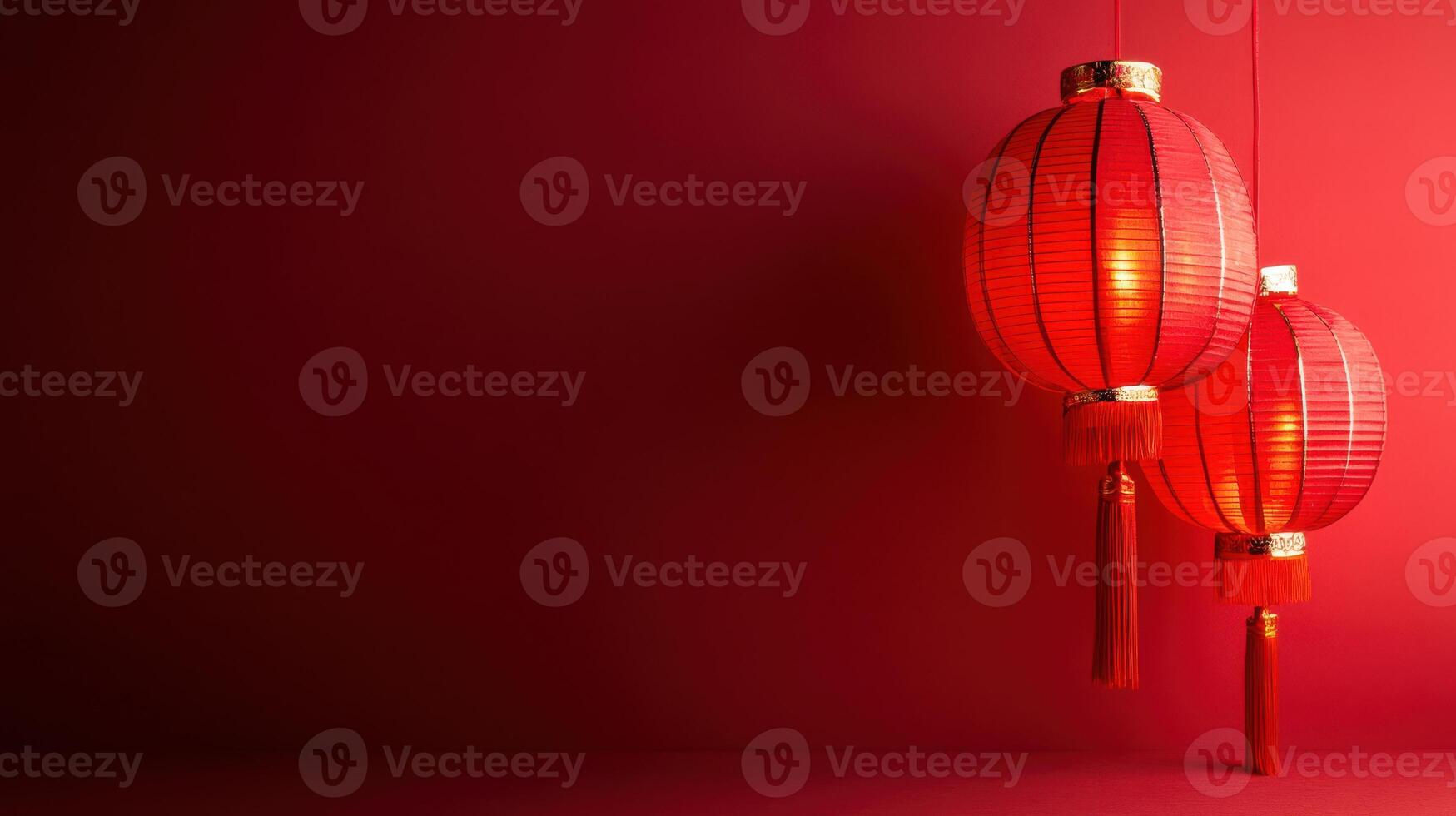 Red paper lanterns hanging against a rich red background, symbolizing celebration and warmth during festive occasions photo