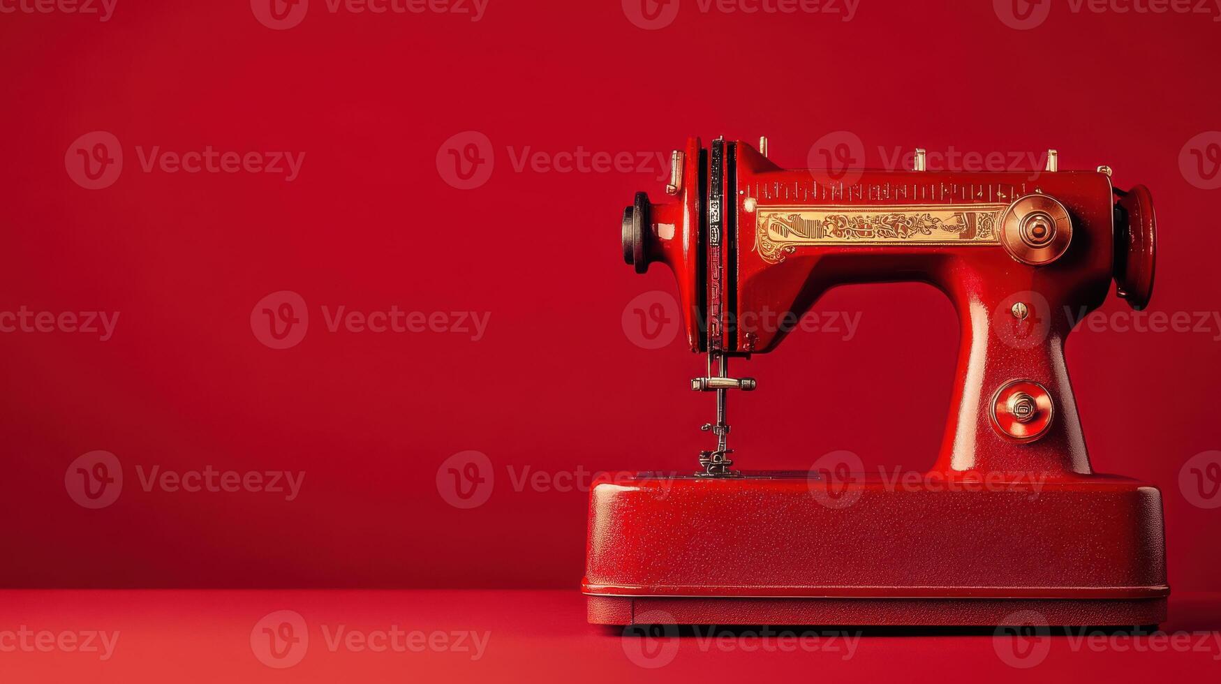 Vintage red sewing machine on a vivid red background with detailed design features and a prominent needle photo