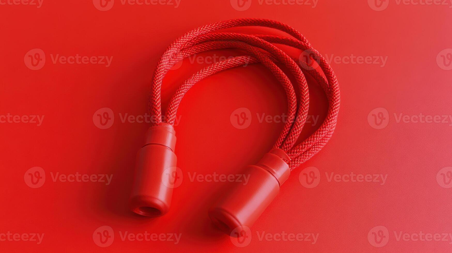 Jump rope made of red braided material rests on a vibrant red background showcasing its design photo