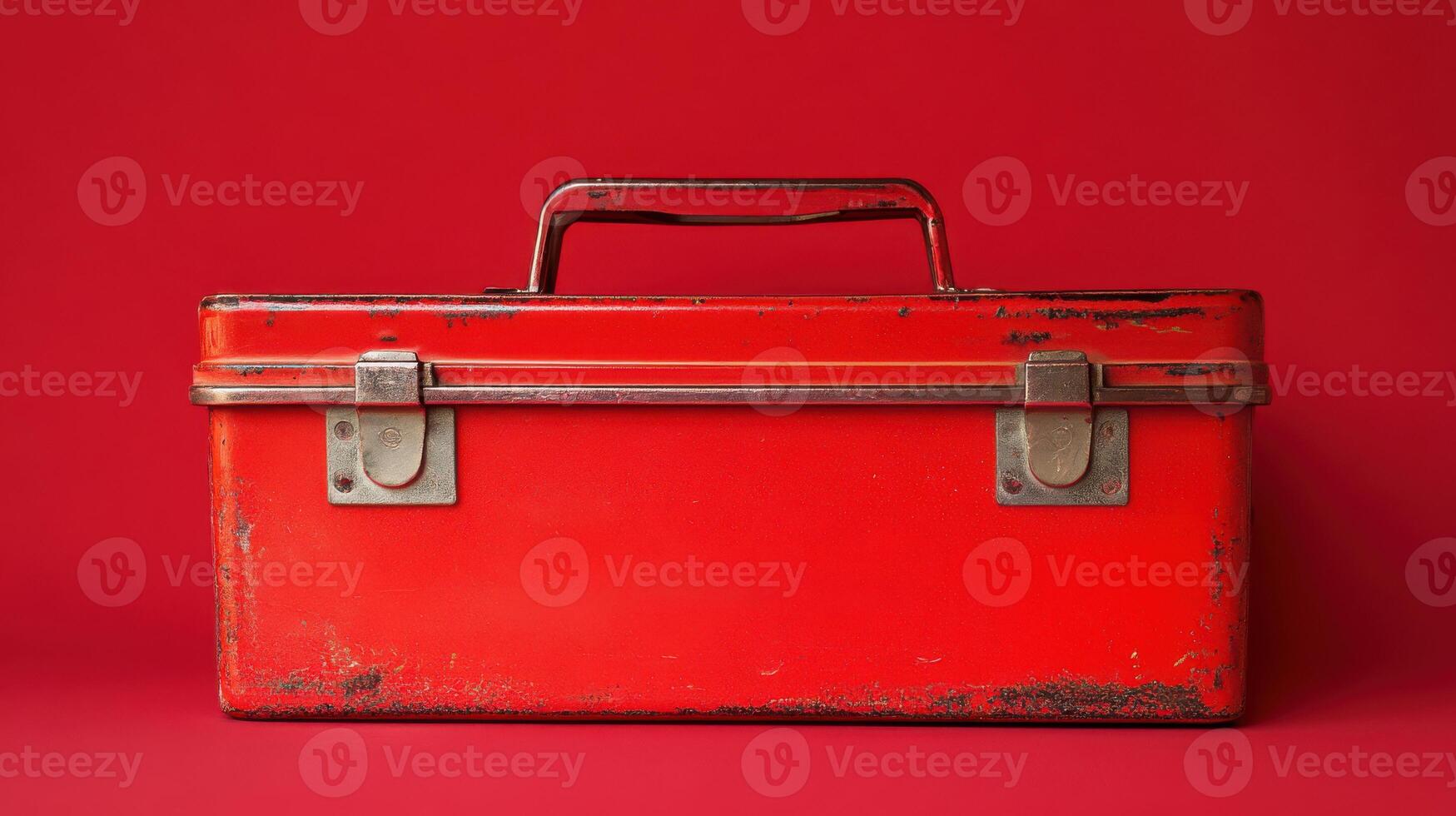 Red metal toolbox with a worn finish sits against a vibrant red background showcasing rustic charm and vintage appeal photo