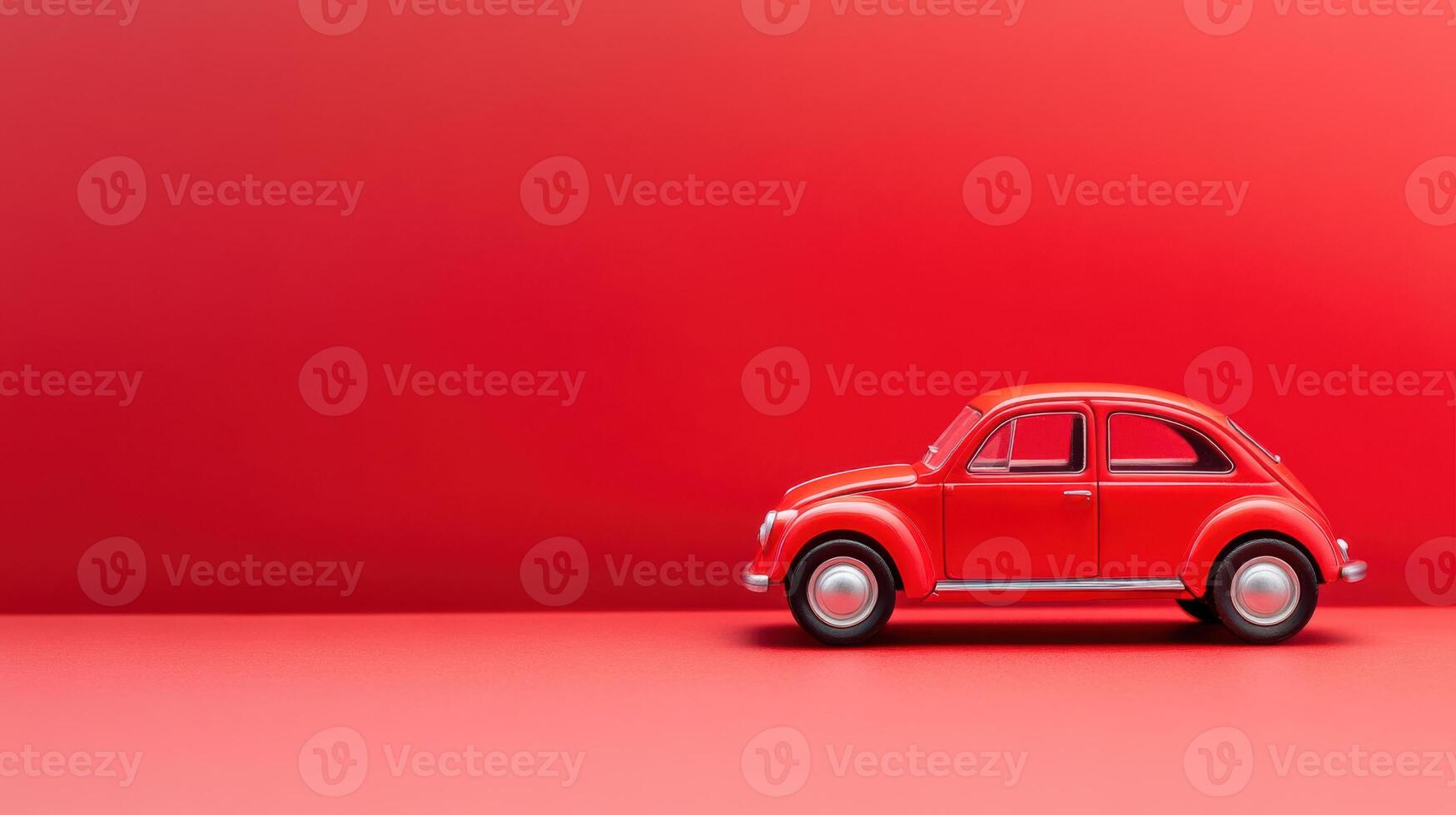 Bright red vintage toy car against a vibrant red background in a simple and clean setting showcasing fun design photo