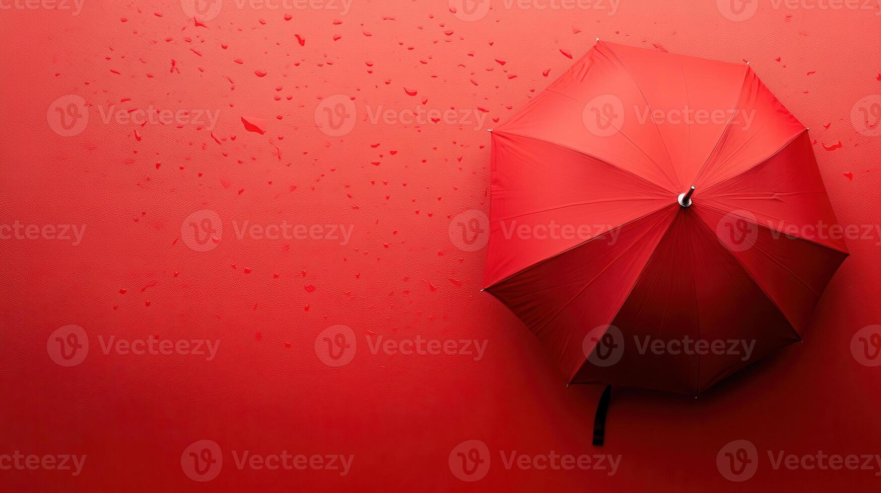 Vibrant red umbrella resting against a bright red background with droplets of water photo