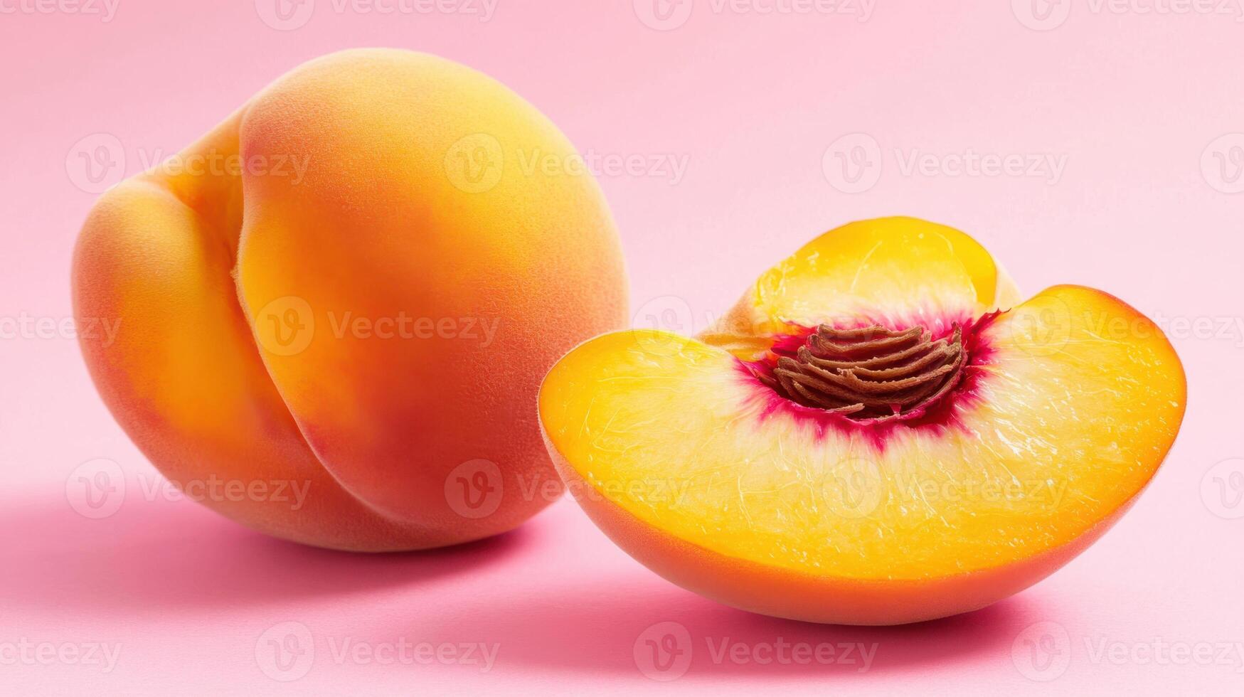 Freshly cut peach with vibrant color and smooth texture on pink background photo
